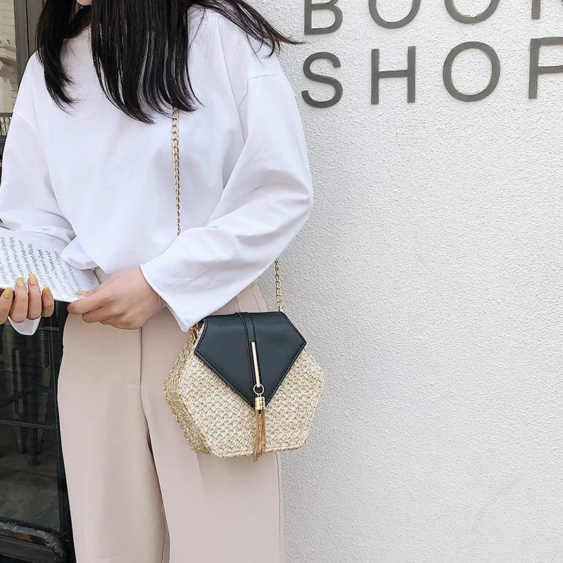 Women's Bag - Hexagonal Rattan Straw